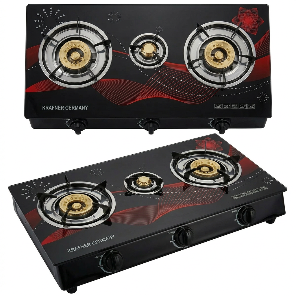 krafner-stove-red-two-views Aragaz Cu Plita Din Sticla Si 3 Ochiuri, Alimentare GPL Butelie, Sticla Securizata - imagine 1