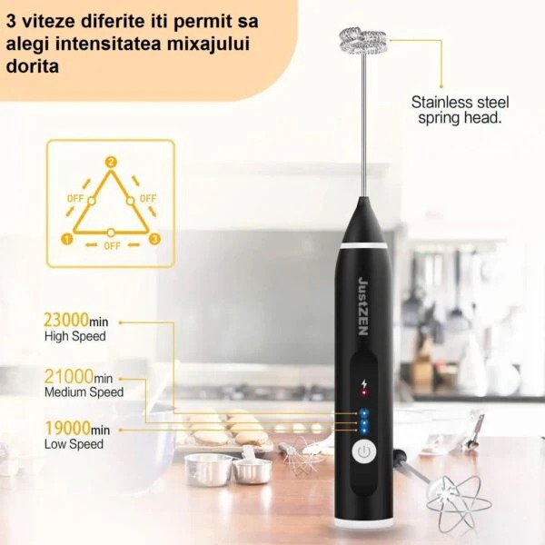 imgi_7_IMG-1647 Mixer spumator de lapte, 2 in 1 Electric Dispozitiv spumare lapte cu 2 capete, 3 Trepte viteza, incarcare USB, Otel inoxidabil, pentru latte, ciocolata calda, lapte si cafea - imagine 4