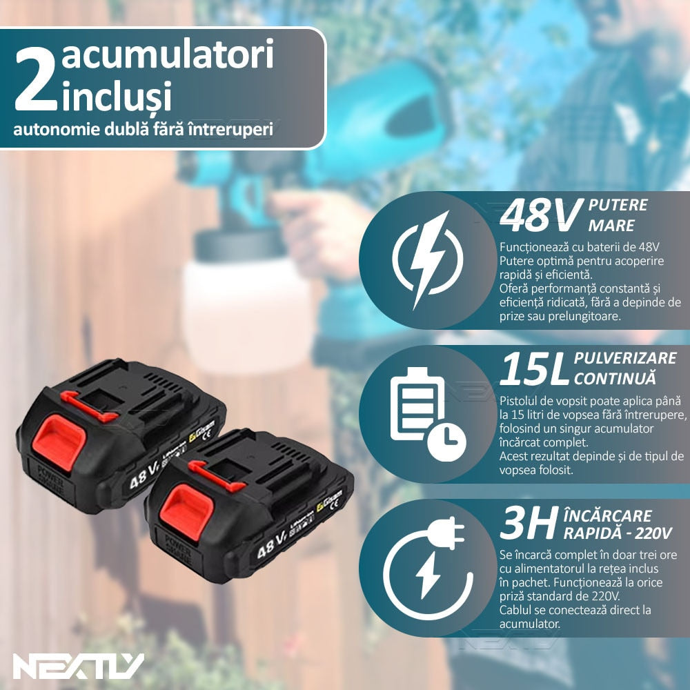 Pulverizator_Electric_de_vopsea_4 Pulverizator Electric de vopsea cu 2 acumulatori de 48v, 1000ml - 3 moduri de pulverizare, ideal pentru tavane, pereti si garduri - imagine 4