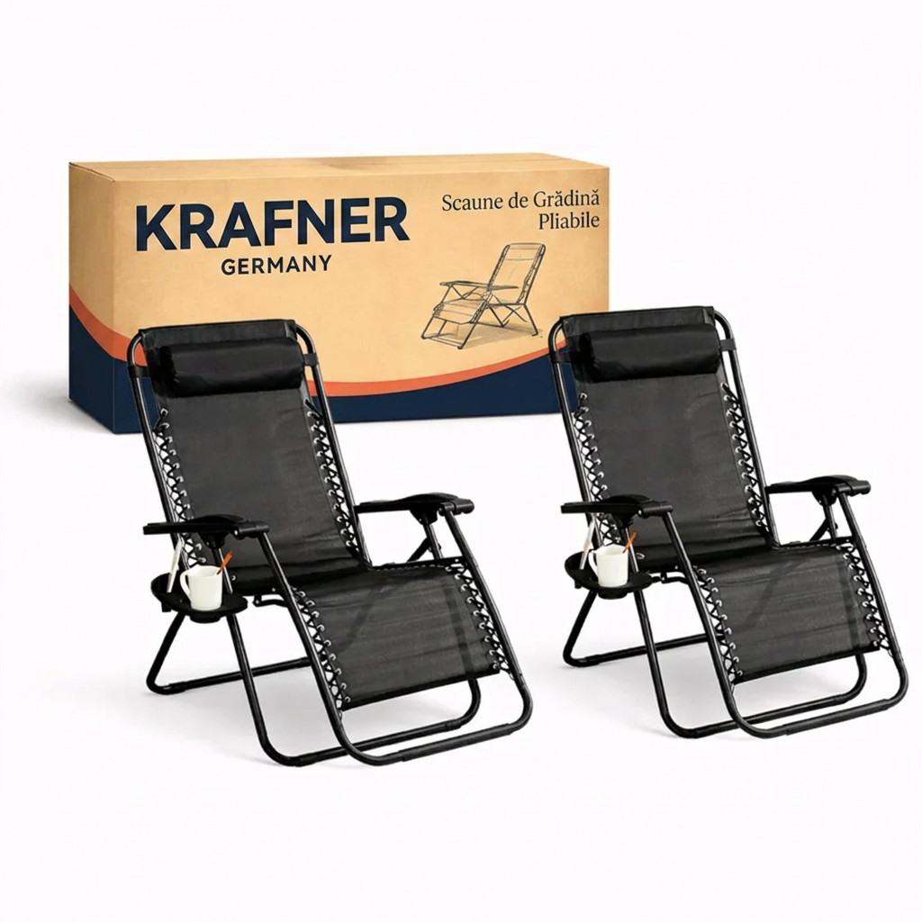 scaune-krafner-germany Set 2 Sezlong Scaun Pliabile Gravitație Zero pentru Terasă și Grădină, Reglabile cu Tetieră și Suport pentru Băuturi, Negru - imagine 1
