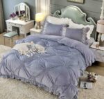 Lenjerie De Pat, 4 Piese, Catifea, Inimi Brodate - Gri Deschis