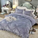 Lenjerie De Pat, 4 Piese, Catifea, Inimi Brodate - Gri Deschis