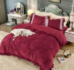 Lenjerie De Pat, 4 Piese, Catifea, Inimi Brodate - Rosu