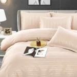 Lenjerie HoReCa, pat dublu, damasc finetat Deluxe, 6 piese, cearceaf pat cu elastic, Crem