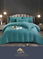 Lenjerie HoReCa, pat dublu, damasc finetat Deluxe, 6 piese, cearceaf pat cu elastic, Turcoaz