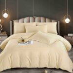 Lenjerie HoReCa, pat dublu, damasc finetat Deluxe, 6 piese, cearceaf pat cu elastic, Crem