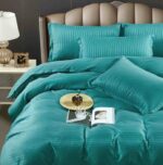 Lenjerie HoReCa, pat dublu, damasc finetat Deluxe, 6 piese, cearceaf pat cu elastic, Turcoaz - imagine 3