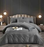 Lenjerie HoReCa, pat dublu, damasc finetat Deluxe, 6 piese, cearceaf pat cu elastic, Gri Inchis
