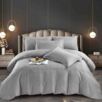 Lenjerie HoReCa, pat dublu, damasc finetat Deluxe, 6 piese, cearceaf pat cu elastic, Gri Deschis,