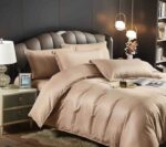 Lenjerie HoReCa, pat dublu, damasc finetat Deluxe, 6 piese, cearceaf pat cu elastic, Maro - imagine 2