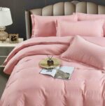 Lenjerie HoReCa, pat dublu, damasc finetat Deluxe, 6 piese, cearceaf pat cu elastic, Roz Deschis - imagine 3