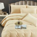 Lenjerie HoReCa, pat dublu, damasc finetat Deluxe, 6 piese, cearceaf pat cu elastic, Crem - imagine 3