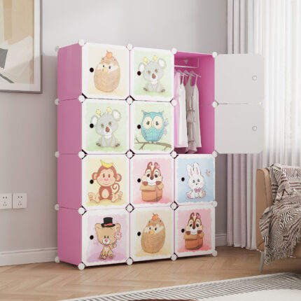 Dulap modular pentru copii, 12 rafturi, durabil, 76X37X147 cm, roz, animale