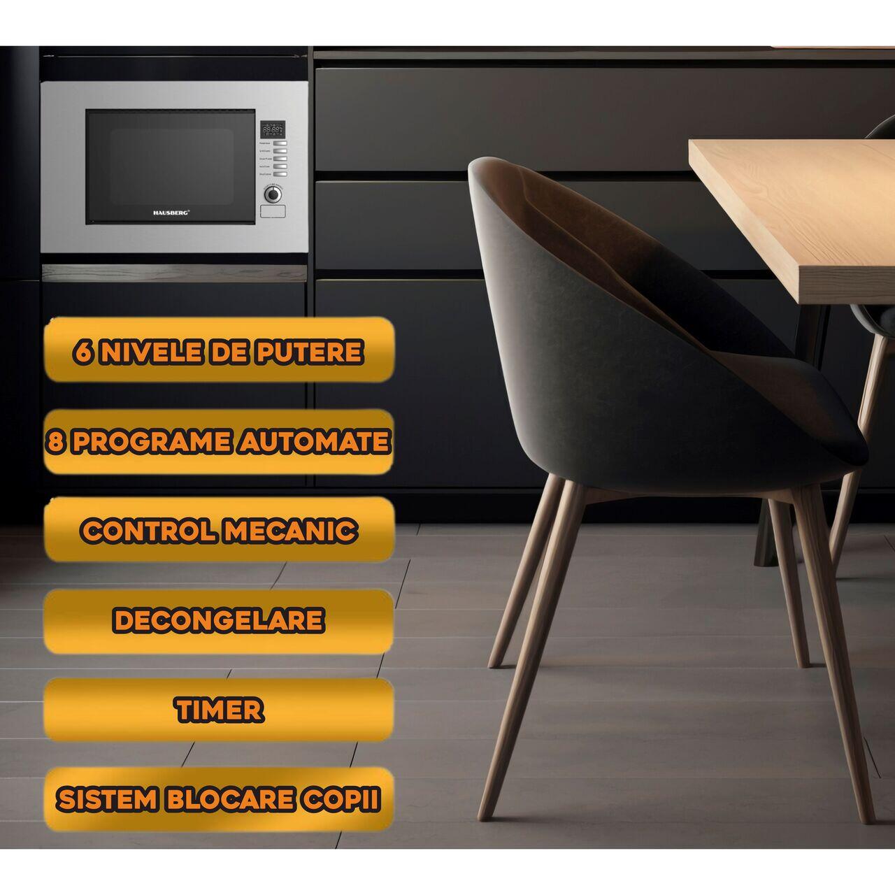 HB-8065IN-2_square Cuptor cu microunde incorporabil HAUSBERG HB-8065IN, 20 litri, Putere: 230V, 50Hz, 700W, 900W putere grill, 1200W putere de intrare, 6 nivele de putere, 8 programe automate, control mecanic, decongelare, timer, sistem blocare copii, argintiu - imagine 4
