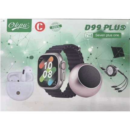 Set D99 Plus cu Ceas Smart, Casti in-ear, Boxa si Cabluri incarcare, 7 bratari pentru ceas, Multicolor