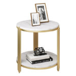 Masuta rotunda pe 2 nivele, blat tip piatra, cadru metalic auriu, design elegant, 60x30 cm - imagine 3