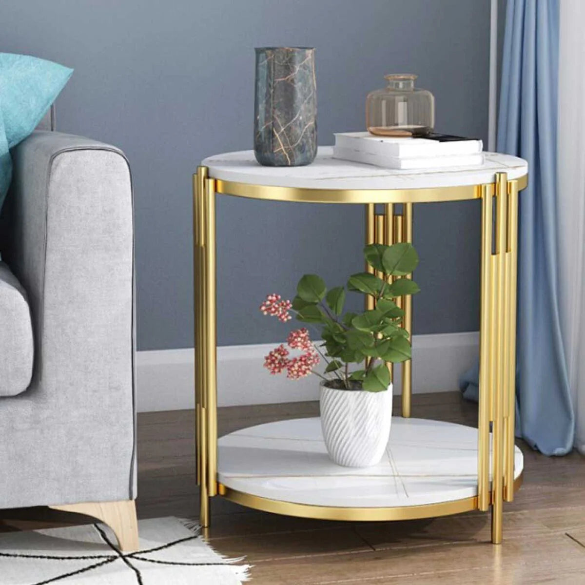 Masuta_rotunda_pe_2_nivele_2 Masuta rotunda pe 2 nivele, blat tip piatra, cadru metalic auriu, design elegant, 60x30 cm - imagine 5
