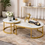 Set 2 Mese Cafea, Design Modern Minimalist, Blat Alb Efect Marmura, Cadru Metalic Auriu - imagine 2