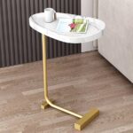 Masuta de cafea design nordic, cu blat alb si cadru metalic auriu , 40x30x60 cm - imagine 2