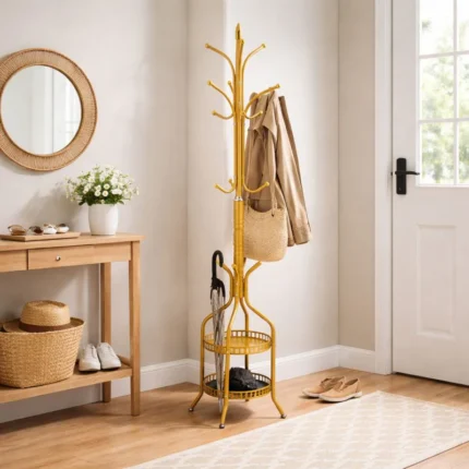 Cuier de podea metalic auriu, 34 x 189 cm, cu carlige multiple si 2 rafturi de depozitare, tip hall tree, pentru hol, dormitor sau birou