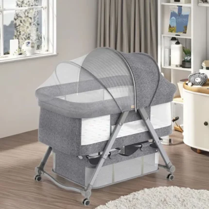Patut Pliabil pentru Bebelusi, Usor de Transportat, Sistem de Blocare, Pliabil, Plasa Impotriva Insectelor, Cadru de Aluminiu, Cos Depozitare, Varsta 0-24 luni, Gri