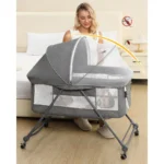 Patut Pliabil pentru Bebelusi, Usor de Transportat, Sistem de Blocare, Pliabil, Plasa Impotriva Insectelor, Cadru de Aluminiu, Cos Depozitare, Varsta 0-24 luni, Gri - imagine 12