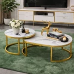 Set 2 Mese Cafea, Design Modern Minimalist, Blat Alb Efect Marmura, Cadru Metalic Auriu - imagine 3