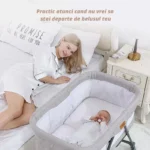 Patut Pliabil pentru Bebelusi, Usor de Transportat, Sistem de Blocare, Pliabil, Plasa Impotriva Insectelor, Cadru de Aluminiu, Cos Depozitare, Varsta 0-24 luni, Gri - imagine 3