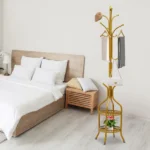 Cuier de podea metalic auriu, 34 x 189 cm, cu carlige multiple si 2 rafturi de depozitare, tip hall tree, pentru hol, dormitor sau birou - imagine 13