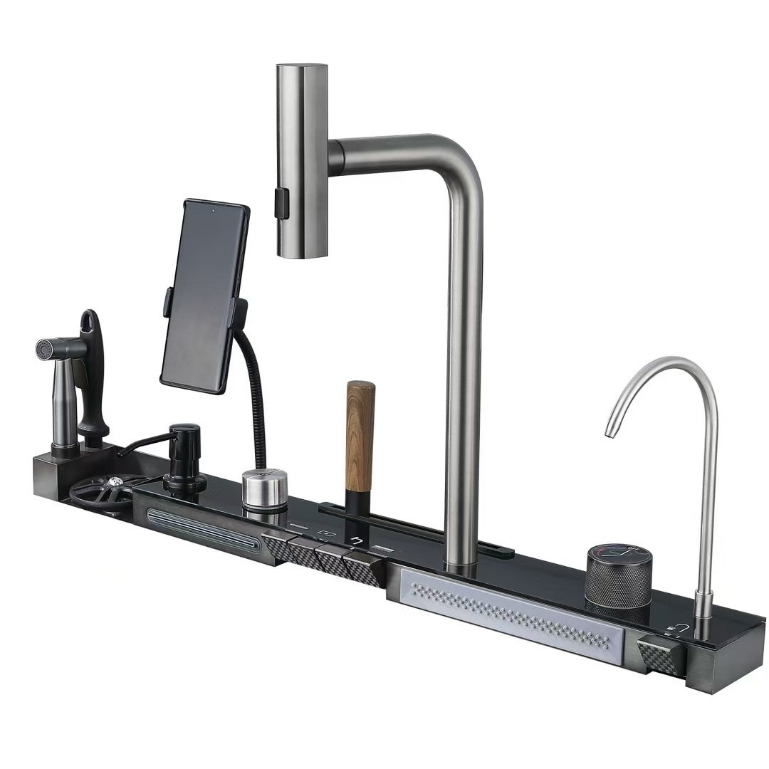 H0afc6831cc174ddbb693add40e9c2f0b5 Chiuveta multifunctionala cu 2 cascade cu accesorii incluse, afisaj digital a temperaturii si robinet cascada, culoare negru grafit, dimensiune 750x450mm - imagine 7