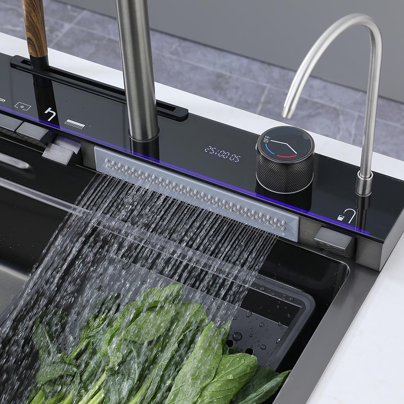 H2468264002f6429aa19a6811d8a8f715c Chiuveta multifunctionala cu 2 cascade cu accesorii incluse, afisaj digital a temperaturii si robinet cascada, culoare negru grafit, dimensiune 750x450mm - imagine 5