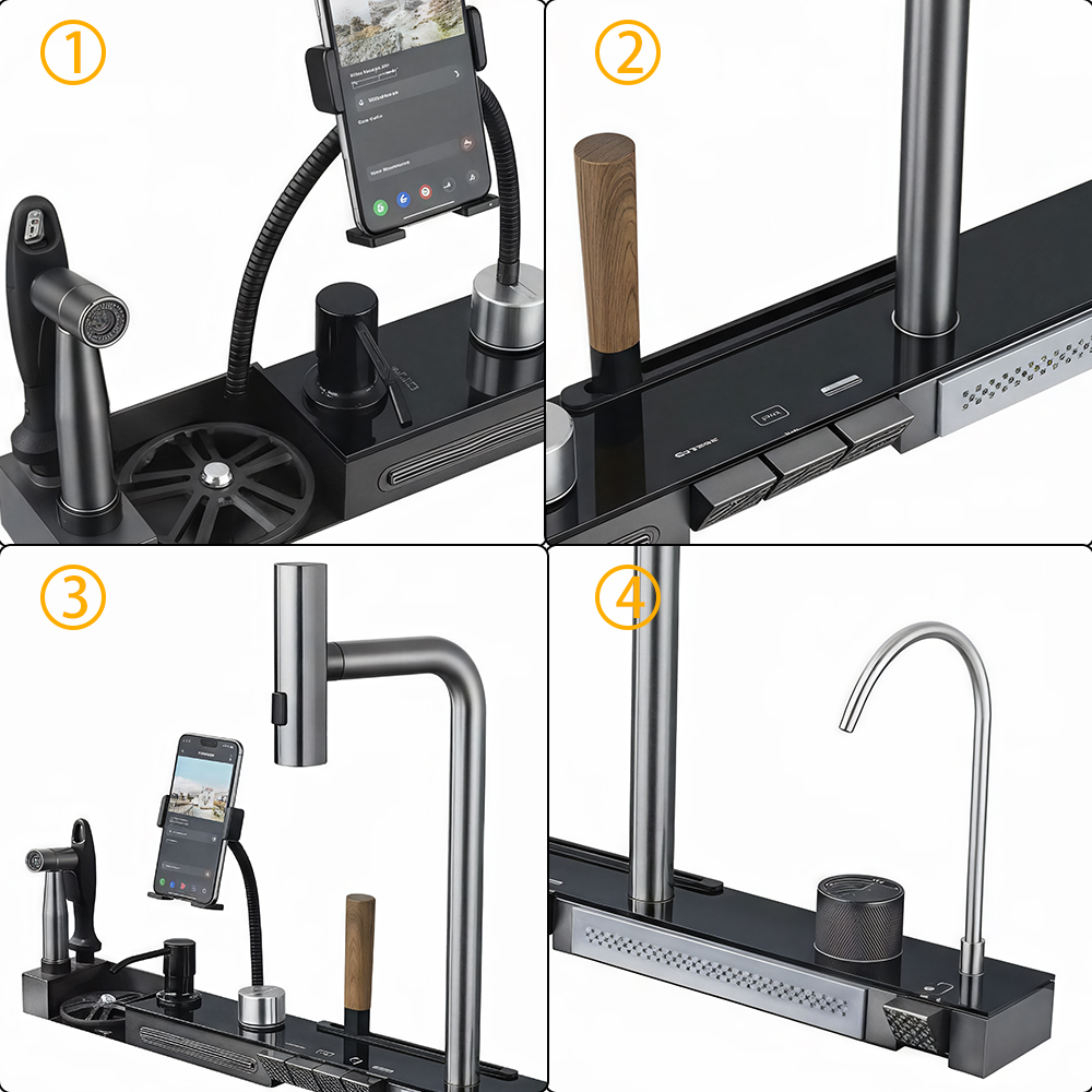 H9235a58f6f6b4588a97d463f982fc515a Chiuveta multifunctionala cu 2 cascade cu accesorii incluse, afisaj digital a temperaturii si robinet cascada, culoare negru grafit, dimensiune 750x450mm - imagine 6
