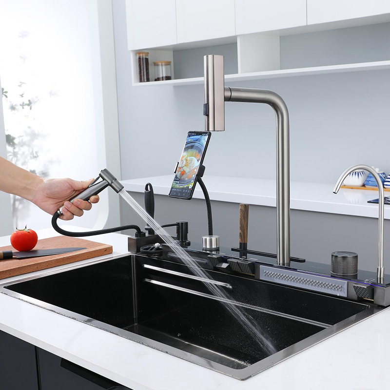 Ha1fcc46b9f284b858bf6d535ffc4f6d7Z Chiuveta multifunctionala cu 2 cascade cu accesorii incluse, afisaj digital a temperaturii si robinet cascada, culoare negru grafit, dimensiune 750x450mm - imagine 2