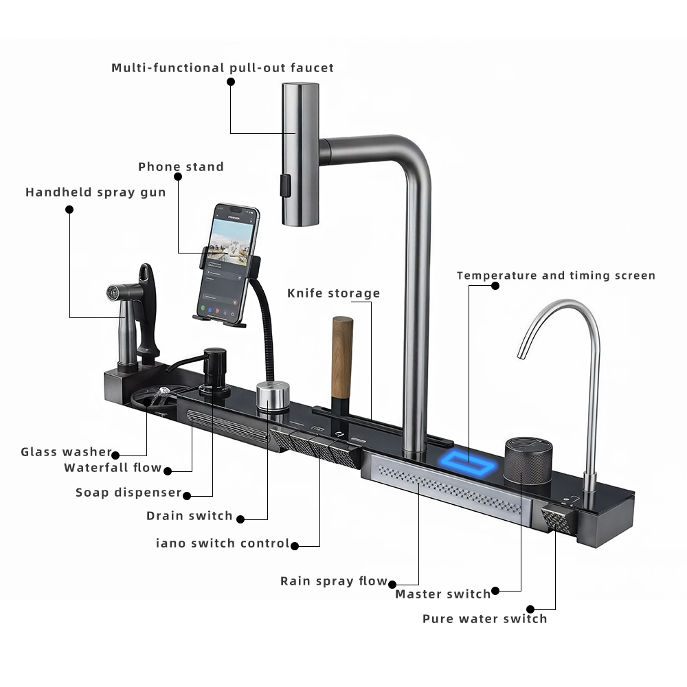 Hc08d41db08eb4c369ffca3873e938d57h Chiuveta multifunctionala cu 2 cascade cu accesorii incluse, afisaj digital a temperaturii si robinet cascada, culoare negru grafit, dimensiune 750x450mm - imagine 8