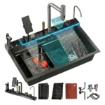 Chiuveta multifunctionala cu 2 cascade cu accesorii incluse, afisaj digital a temperaturii si robinet cascada, culoare negru grafit, dimensiune 750x450mm