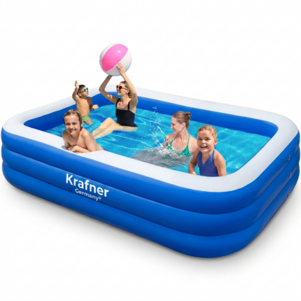 Piscina gonflabila Krafner Germany® 201x150x50 cm, family pool XL ideala pentru copii 3+ si adulti, perfecta pentru curte, gradina sau interior, cu podea moale, usor de montat si curatat.