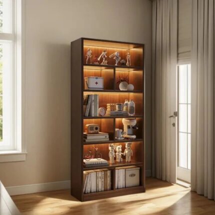 Bibliotecă cu 6 rafturi deschise, cadru lemn – stejar negru, 180x60x24