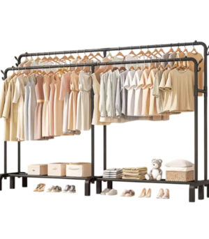 Suport haine dublu metalic 190x159x40 cm, organizator umerase si suport pantofi, negru, capacitate mare