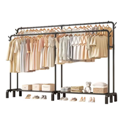 Suport haine dublu metalic 190x159x40 cm, organizator umerase si suport pantofi, negru, capacitate mare