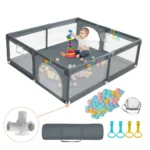Tarc de Joaca Premium pentru Copii, Design Spatios si Sigur, Plasa de Protectie, Usa cu Fermoar, 130x130x60cm, Verde/Gri/Roz - imagine 11