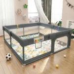 Tarc de Joaca Premium pentru Copii, Design Spatios si Sigur, Plasa de Protectie, Usa cu Fermoar, 130x130x60cm, Verde/Gri/Roz - imagine 10