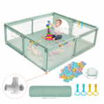 Tarc de Joaca Premium pentru Copii, Design Spatios si Sigur, Plasa de Protectie, Usa cu Fermoar, 130x130x60cm, Verde/Gri/Roz - imagine 8