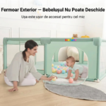 Tarc de Joaca Premium pentru Copii, Design Spatios si Sigur, Plasa de Protectie, Usa cu Fermoar, 130x130x60cm, Verde/Gri/Roz - imagine 4