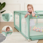 Tarc de Joaca Premium pentru Copii, Design Spatios si Sigur, Plasa de Protectie, Usa cu Fermoar, 130x130x60cm, Verde/Gri/Roz - imagine 2