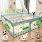 Tarc de Joaca Premium pentru Copii, Design Spatios si Sigur, Plasa de Protectie, Usa cu Fermoar, 130x130x60cm, Verde/Gri/Roz - imagine 7