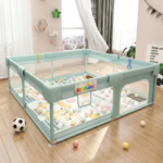 Tarc de Joaca Premium pentru Copii, Design Spatios si Sigur, Plasa de Protectie, Usa cu Fermoar, 130x130x60cm, Verde/Gri/Roz