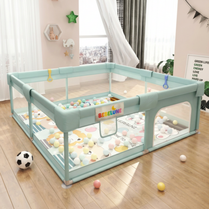 Tarc de Joaca Premium pentru Copii, Design Spatios si Sigur, Plasa de Protectie, Usa cu Fermoar, 130x130x60cm, Verde/Gri/Roz