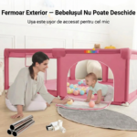 Tarc de Joaca Premium pentru Copii, Design Spatios si Sigur, Plasa de Protectie, Usa cu Fermoar, 130x130x60cm, Verde/Gri/Roz - imagine 12
