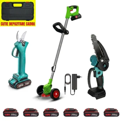 Set Motocoasa, Foarfeca, MiniDrujba cu 6 Acumulatori 48V, 3 Incarcatoa