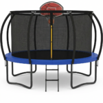 Trambulina pentru Copii , Diametru 244 cm, Plasa Protectie, Exterior si Gradina, Protectie UV, Scara de Acces Inclusa, 48 de Arcuri de Sustinere din Otel Galvanizat Coș de baschet Inclus